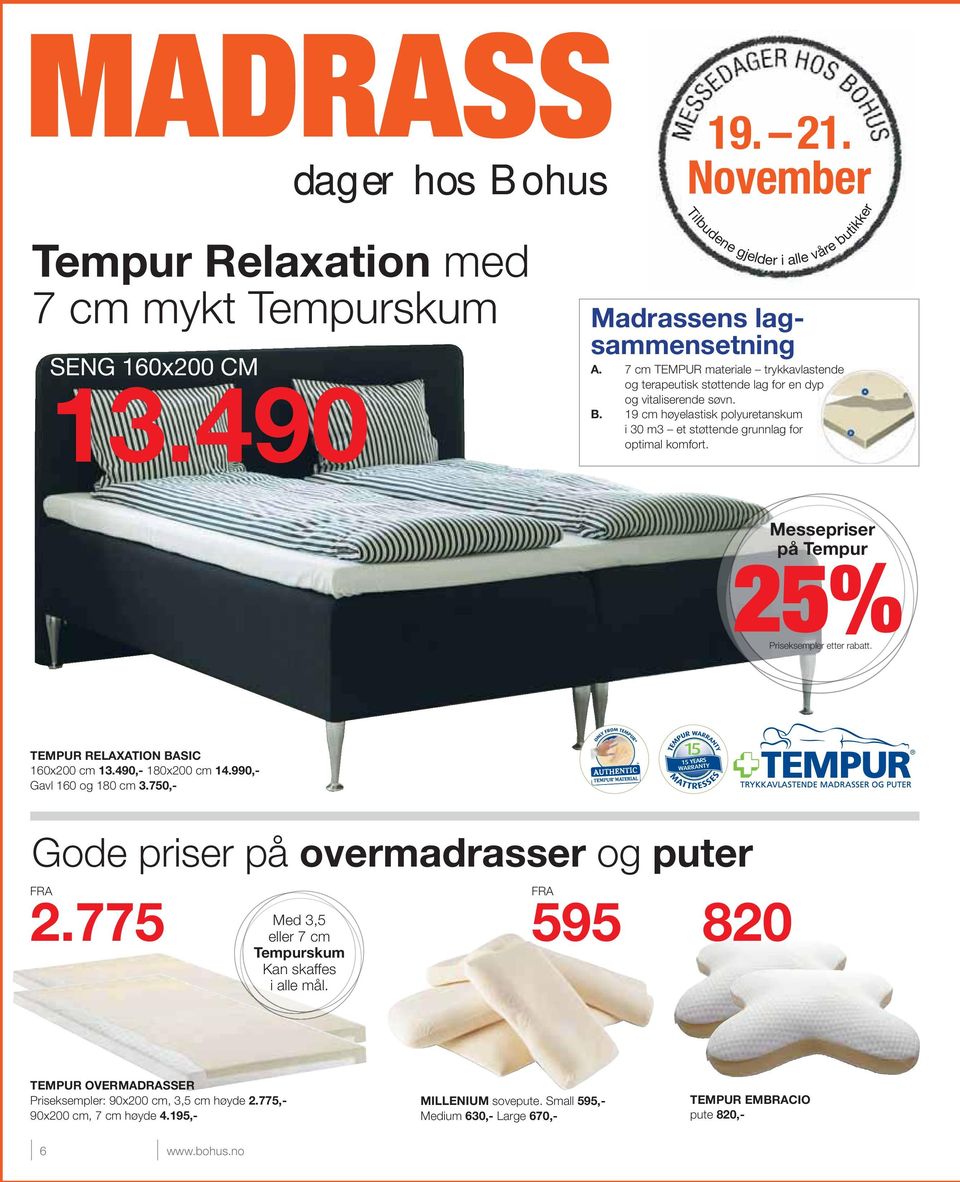 Messepriser på Tempur 25% Priseksempler etter rabatt. TEMPUR RELAXATION BASIC 160x200 cm 13.490,- 180x200 cm 14.990,- Gavl 160 og 180 cm 3.750,- Gode priser på overmadrasser og puter FRA 2.