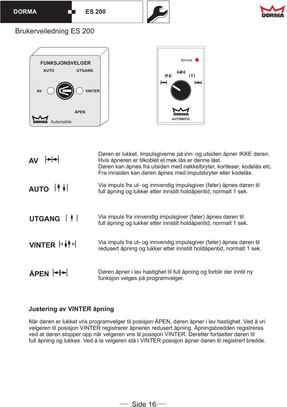 Via impuls fra ut- og innvendig impulsgiver (føler) åpnes døren til full åpning og lukker etter innstilt holdåpentid, normalt 1 sek.