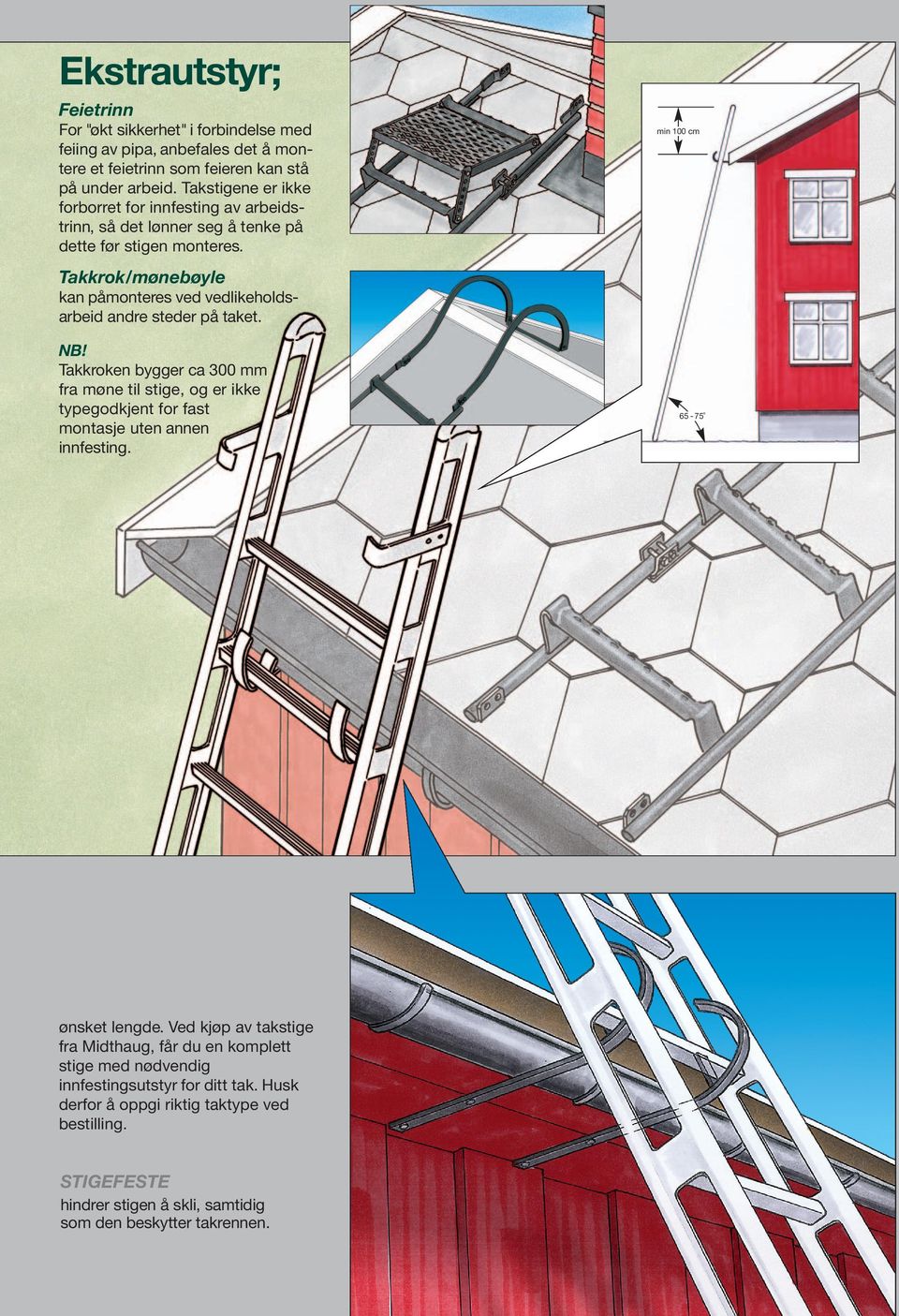 min 100 cm Takkrok/mønebøyle kan påmonteres ved vedlikeholdsarbeid andre steder på taket. NB!
