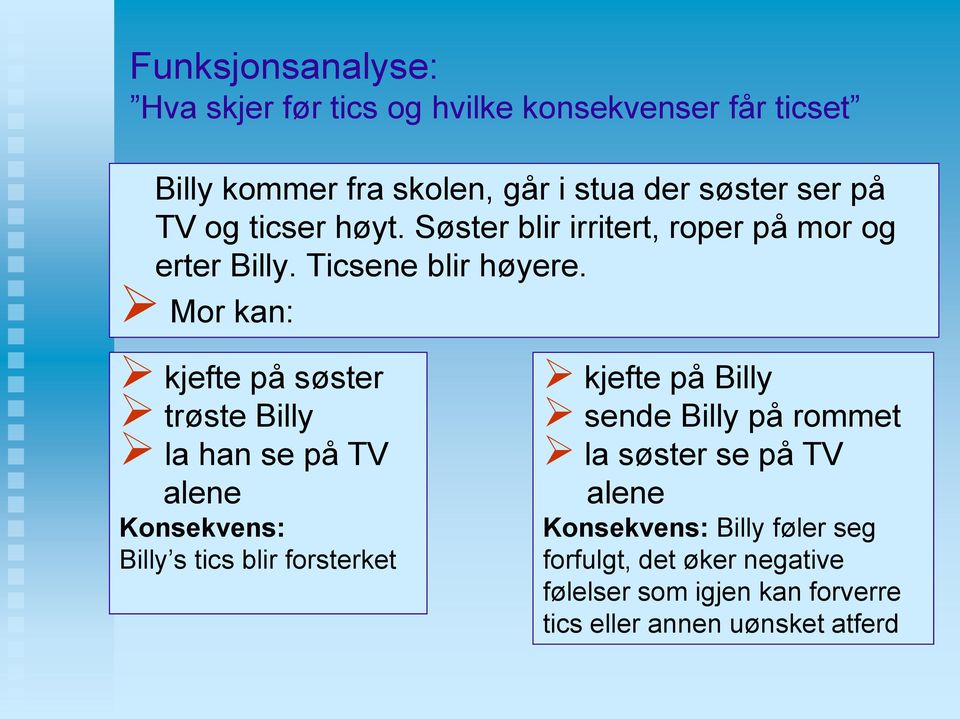 Mor kan: kjefte på søster trøste Billy la han se på TV alene Konsekvens: Billy s tics blir forsterket kjefte på Billy sende