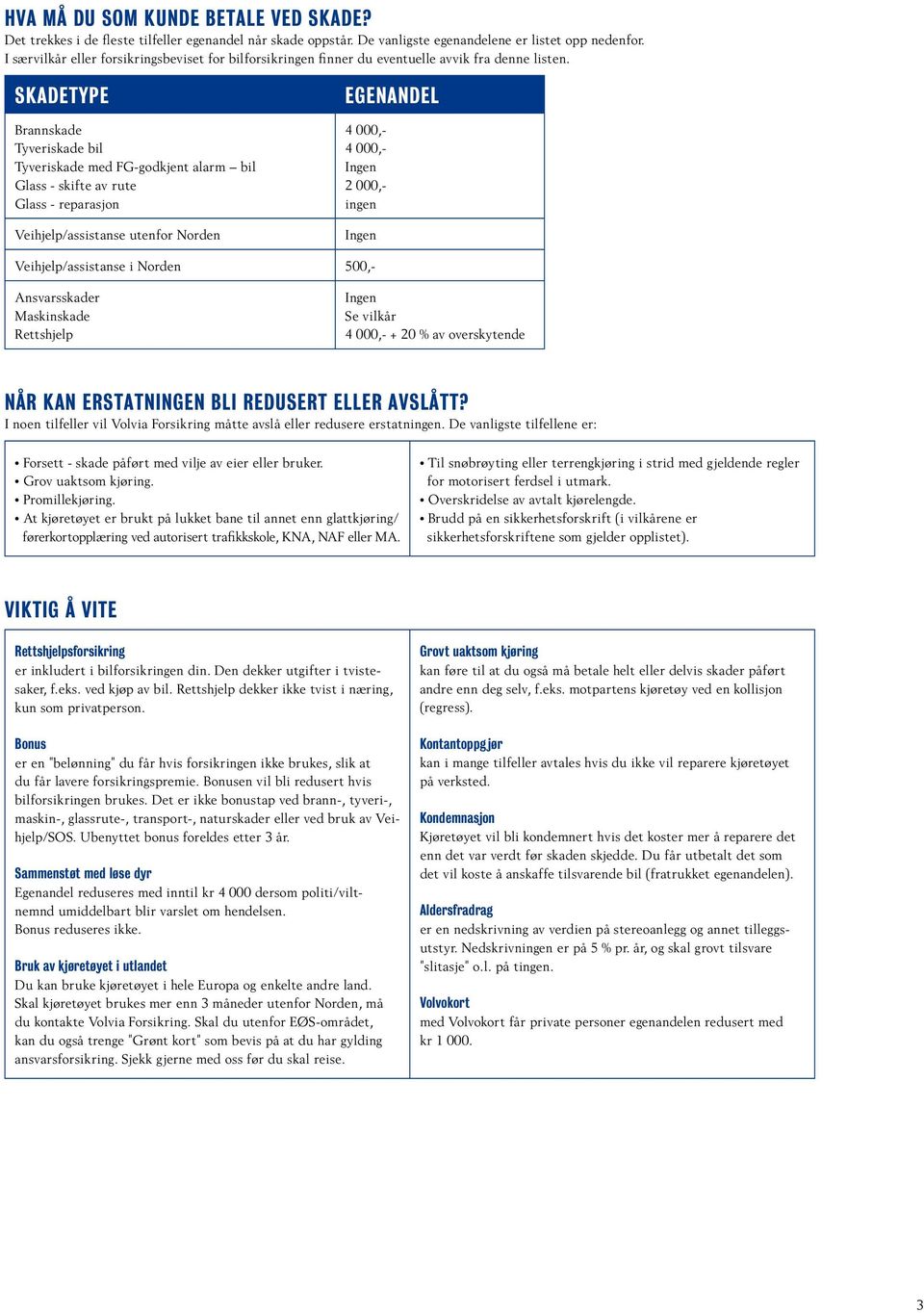 Skadetype Brannskade Tyveriskade bil Tyveriskade med FG-godkjent alarm bil Glass - skifte av rute Glass - reparasjon Veihjelp/assistanse utenfor Norden Egenandel 4 000,- 4 000,- Ingen 2 000,- ingen