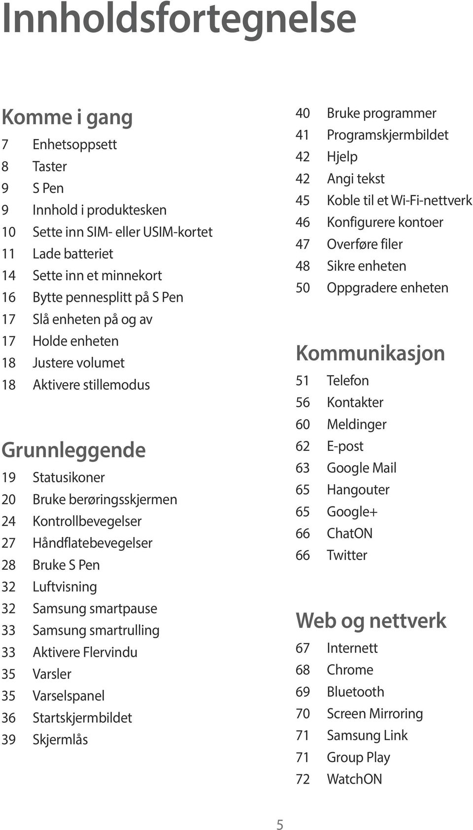 S Pen 32 Luftvisning 32 Samsung smartpause 33 Samsung smartrulling 33 Aktivere Flervindu 35 Varsler 35 Varselspanel 36 Startskjermbildet 39 Skjermlås 40 Bruke programmer 41 Programskjermbildet 42