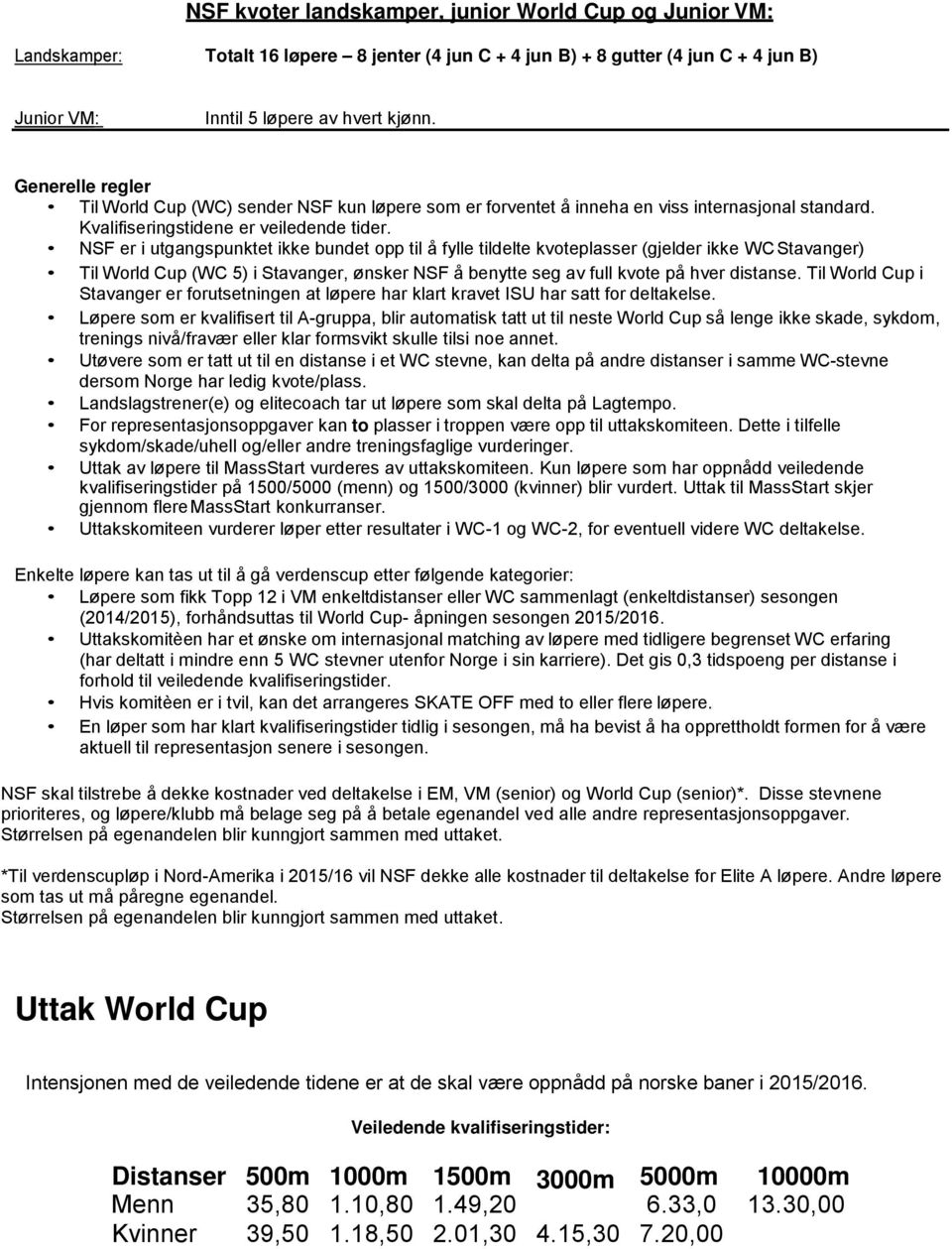 NSF er i utgangspunktet ikke bundet opp til å fylle tildelte kvoteplasser (gjelder ikke WC Stavanger) Til World Cup (WC 5) i Stavanger, ønsker NSF å benytte seg av full kvote på hver distanse.