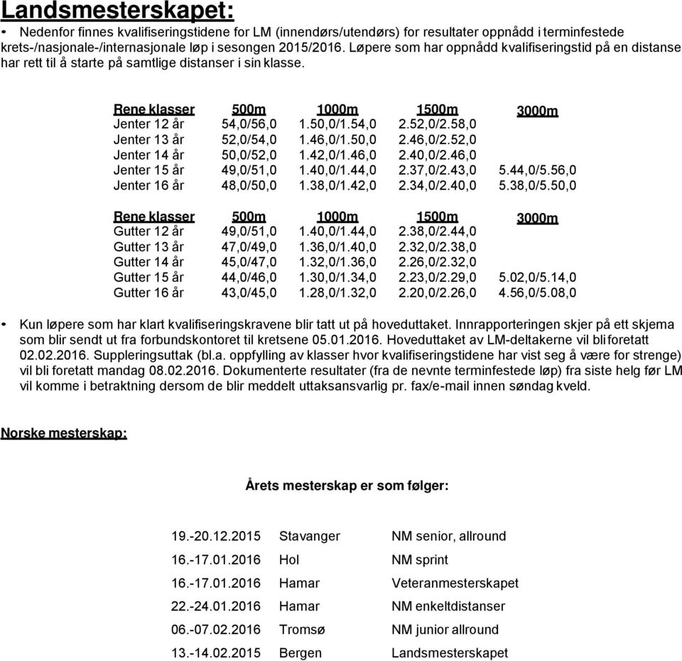 58,0 Jenter 13 år 52,0/54,0 1.46,0/1.50,0 2.46,0/2.52,0 Jenter 14 år 50,0/52,0 1.42,0/1.46,0 2.40,0/2.46,0 Jenter 15 år 49,0/51,0 1.40,0/1.44,0 2.37,0/2.43,0 5.44,0/5.56,0 Jenter 16 år 48,0/50,0 1.