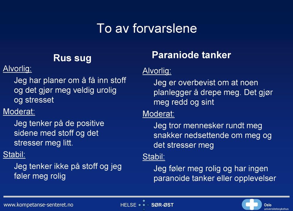 Stabil: Rus sug Jeg tenker ikke på stoff og jeg føler meg rolig Paraniode tanker Alvorlig: Jeg er overbevist om at noen