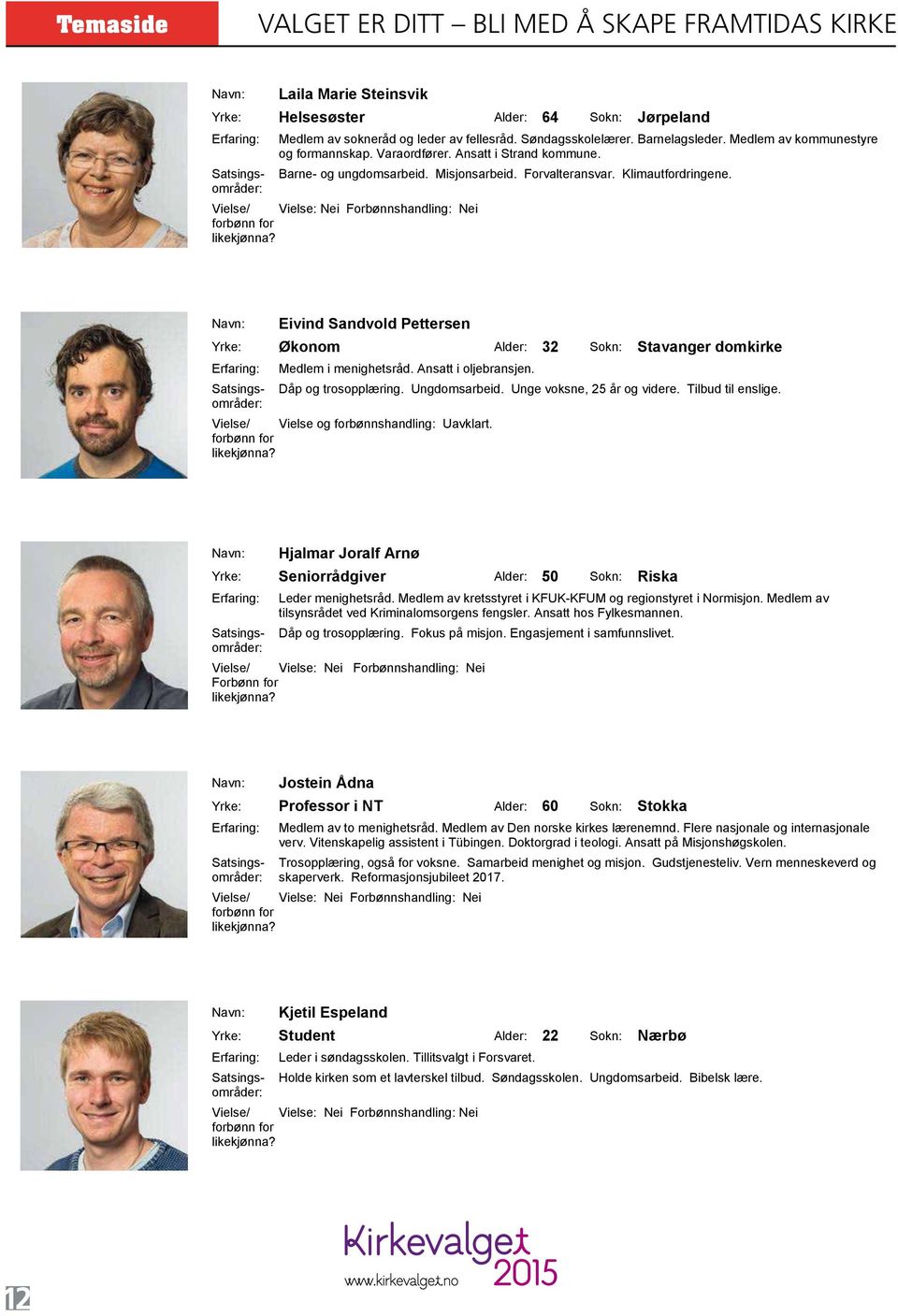 Forvalteransvar. Klimautfordringene. Vielse/ Vielse: Nei Forbønnshandling: Nei Navn: Jostein Ådna Yrke: Professor i NT Alder: 60 Sokn: Stokka Erfaring: Medlem av to menighetsråd.