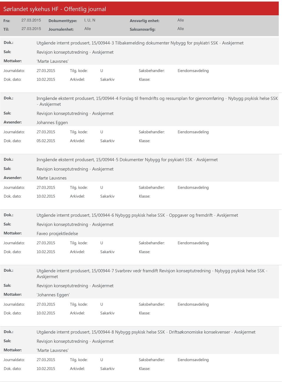 2015 Inngående eksternt produsert, 15/00944-5 Dokumenter Nybygg for psykiatri SSK - Revisjon konseptutredning - Marte Lauvsnes 10.02.