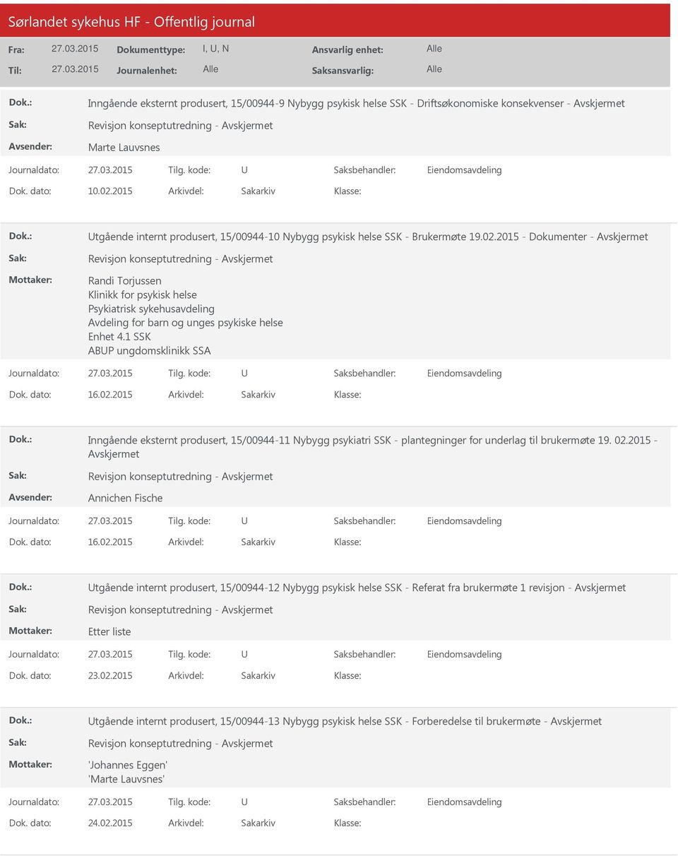 2015 - Dokumenter - Revisjon konseptutredning - Randi Torjussen Klinikk for psykisk helse Psykiatrisk sykehusavdeling Avdeling for barn og unges psykiske helse Enhet 4.1 SSK ABP ungdomsklinikk SSA 16.