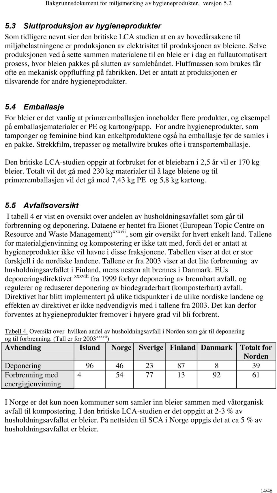 Fluffmassen som brukes får ofte en mekanisk oppfluffing på fabrikken. Det er antatt at produksjonen er tilsvarende for andre hygieneprodukter. 5.