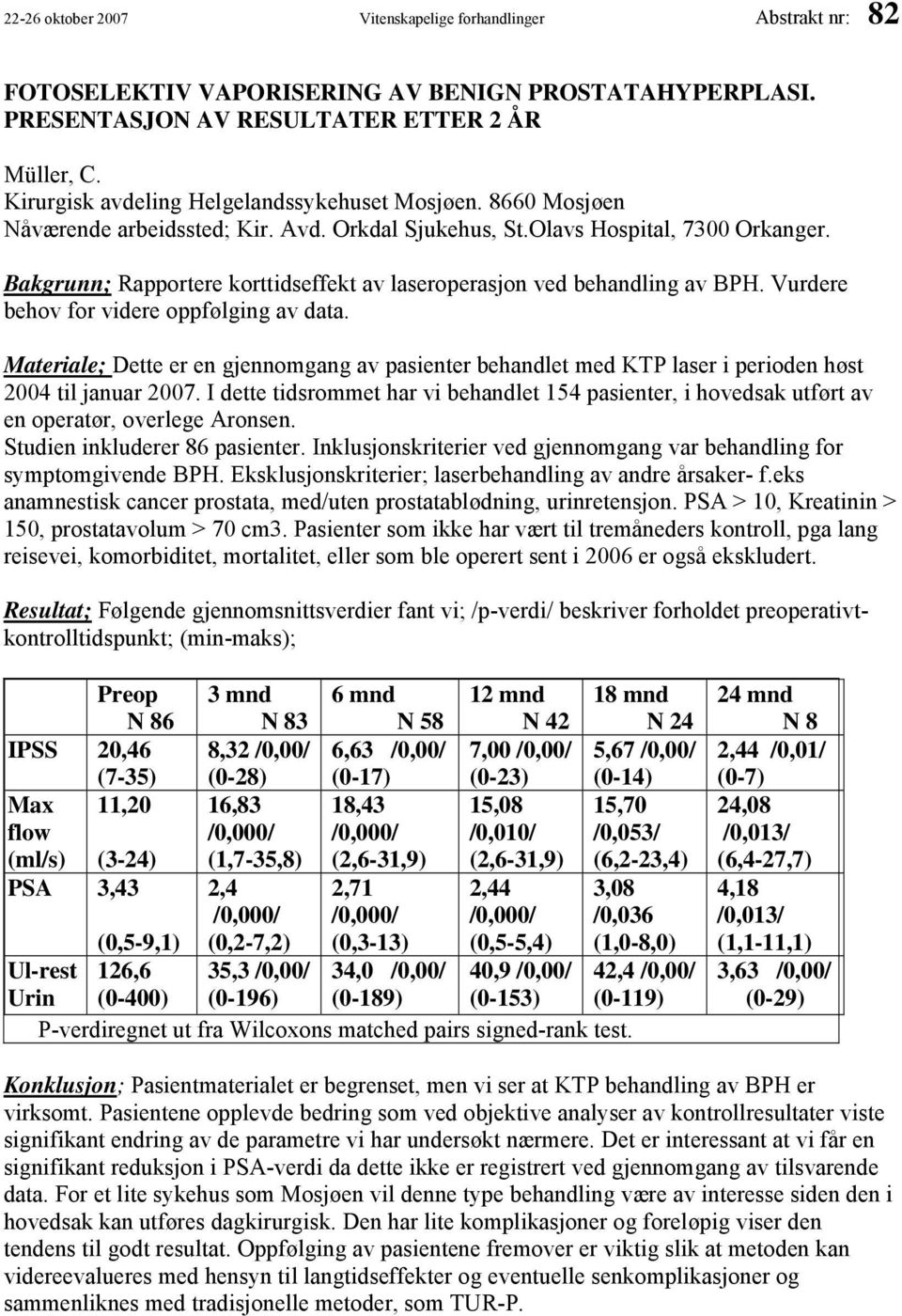 Bakgrunn; Rapportere korttidseffekt av laseroperasjon ved behandling av BPH. Vurdere behov for videre oppfølging av data.
