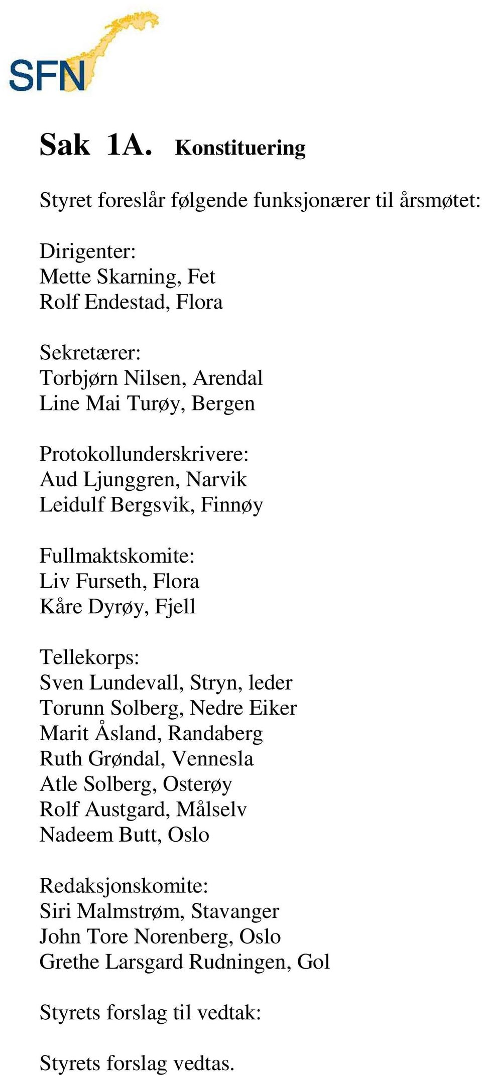 Mai Turøy, Bergen Protokollunderskrivere: Aud Ljunggren, Narvik Leidulf Bergsvik, Finnøy Fullmaktskomite: Liv Furseth, Flora Kåre Dyrøy, Fjell Tellekorps: Sven