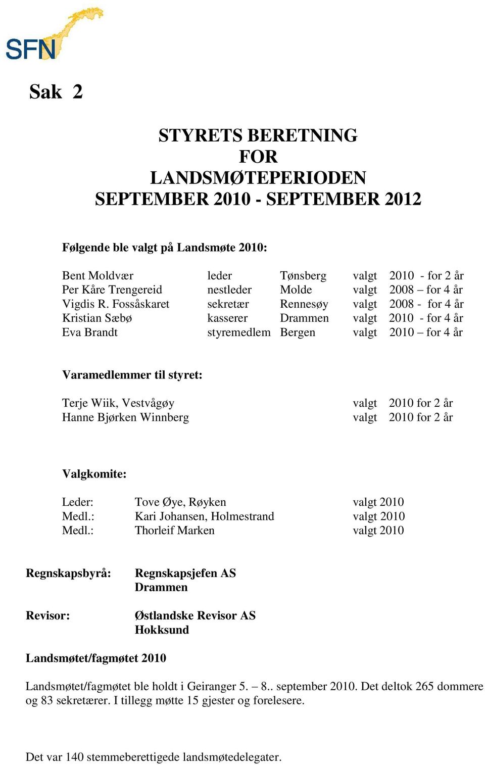 Fossåskaret sekretær Rennesøy valgt 2008 - for 4 år Kristian Sæbø kasserer Drammen valgt 2010 - for 4 år Eva Brandt styremedlem Bergen valgt 2010 for 4 år Varamedlemmer til styret: Terje Wiik,