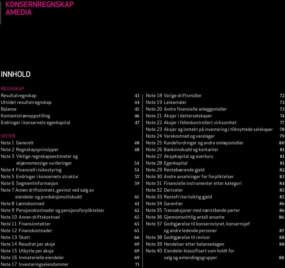 Note 6 Segmentinformasjon 59 Note 7 Annen driftsinntekt, gevinst ved salg av eiendeler og produksjonstilskudd 61 Note 8 Lønnskostnad 61 Note 9 Pensjonskostnader og pensjonsforpliktelser 62 Note 10