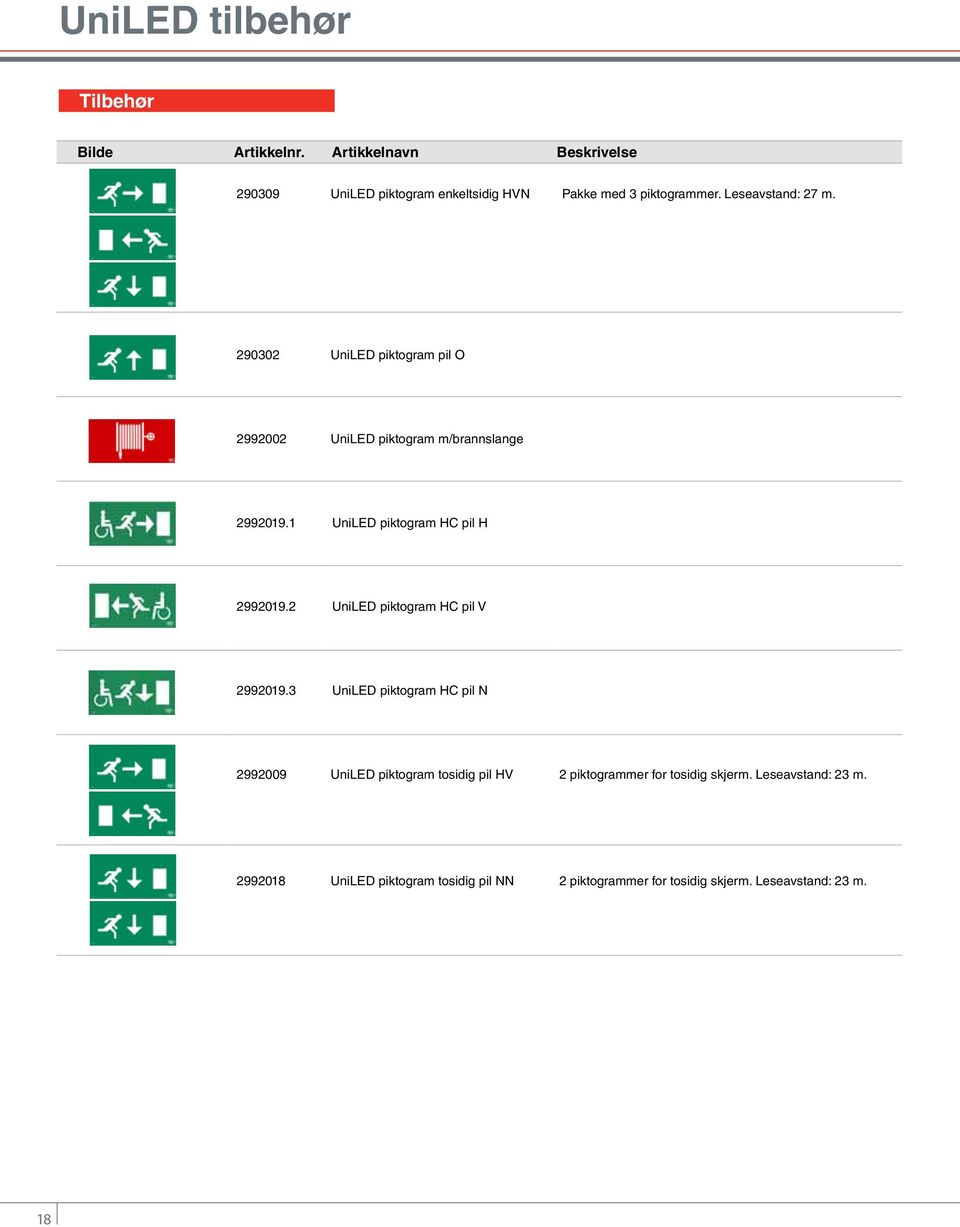 290302 UniLED piktogram pil O 2992002 UniLED piktogram m/brannslange 2992019.1 UniLED piktogram HC pil H 2992019.