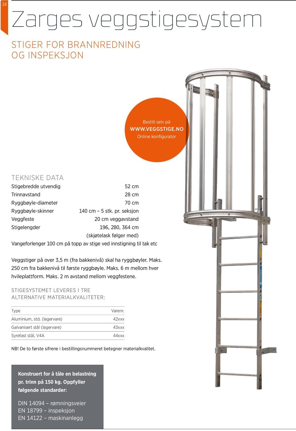 seksjon Veggfeste 20 cm veggavstand Stigelengder 196, 280, 364 cm (skjøtelask følger med) Vangeforlenger 100 cm på topp av stige ved innstigning til tak etc Veggstiger på over 3,5 m (fra bakkenivå)