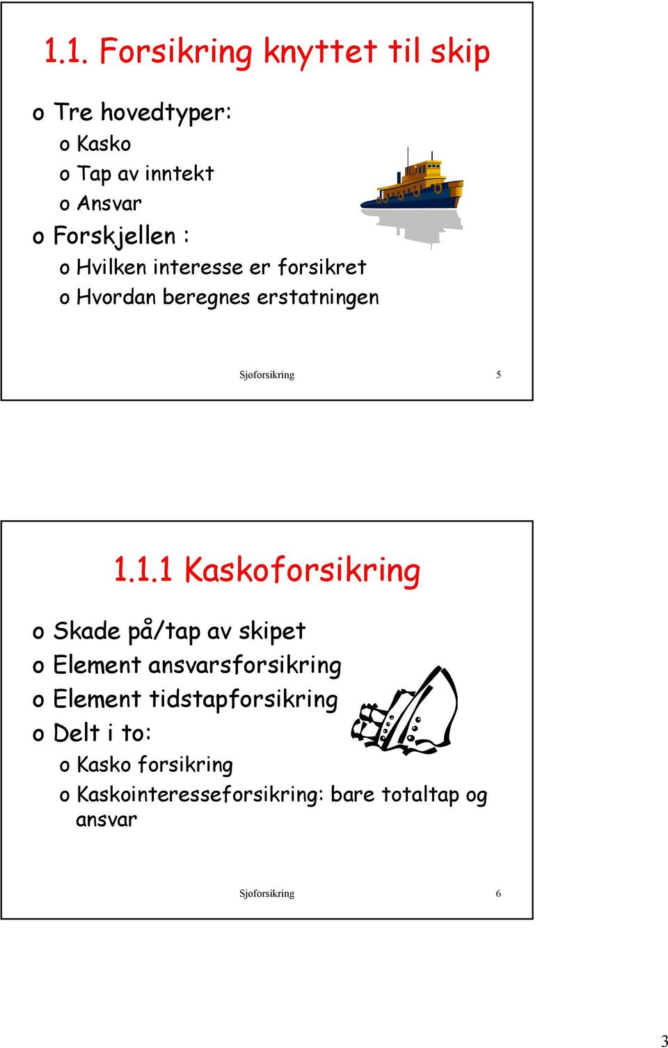 1.1.1 Kaskoforsikring o Skade på/tap av skipet o Element ansvarsforsikring o Element