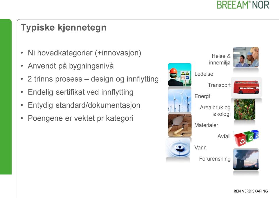 Entydig standard/dokumentasjon Poengene er vektet pr kategori Ledelse Energi