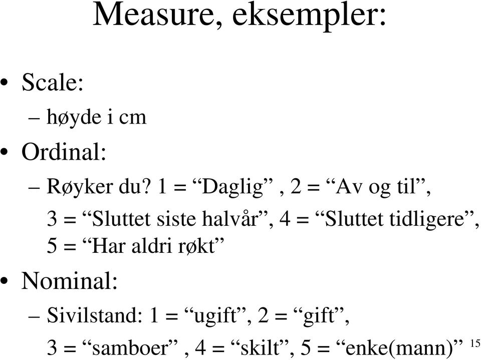 Sluttet tidligere, 5 = Har aldri røkt Nominal: Sivilstand: