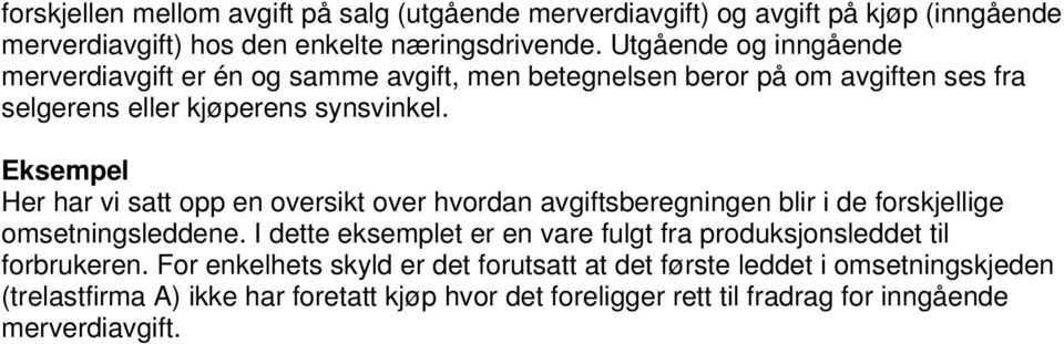 Eksempel Her har vi satt opp en oversikt over hvordan avgiftsberegningen blir i de forskjellige omsetningsleddene.