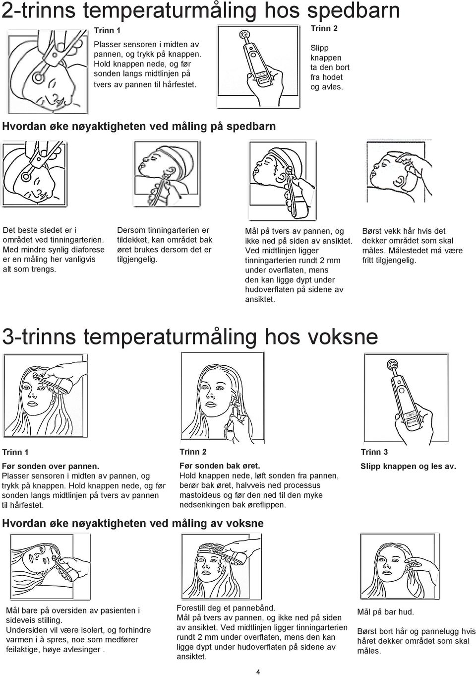 Med mindre synlig diaforese er en måling her vanligvis alt som trengs. Dersom tinningarterien er tildekket, kan området bak øret brukes dersom det er tilgjengelig.