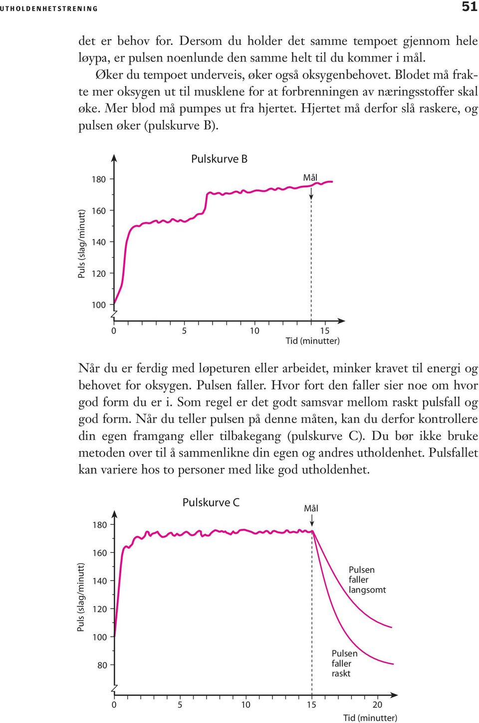 Hjertet må derfor slå raskere, og pulsen øker (pulskurve B).