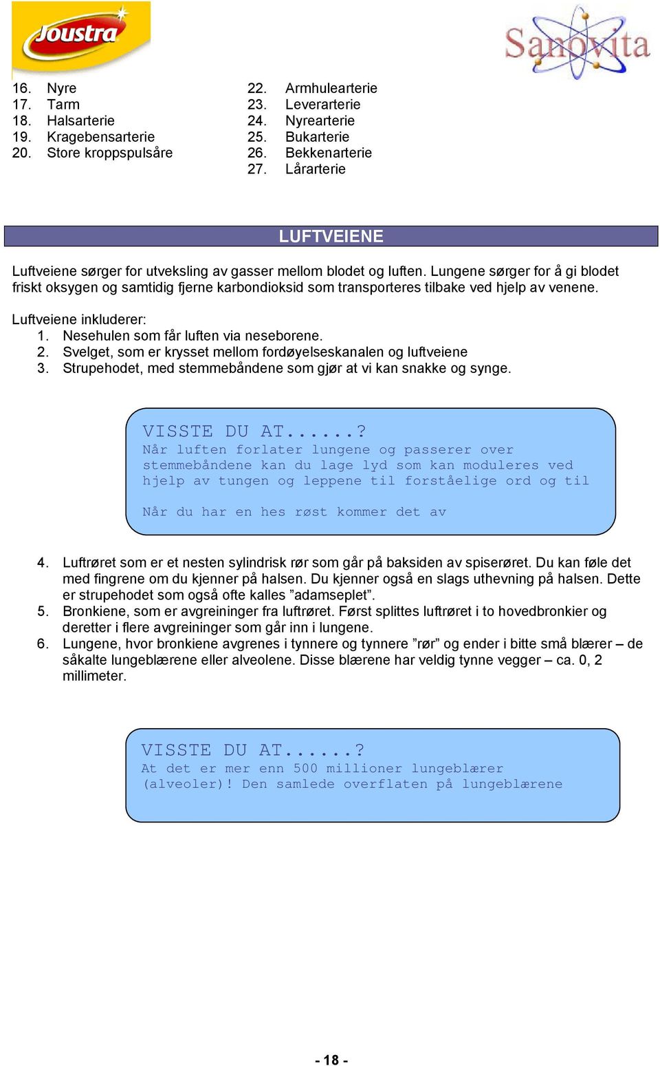 Lungene sørger for å gi blodet frisk t oksygen og samtidig fjerne karbondioksid som transporteres tilbake ved hjelp av venene. Luftveiene inkluderer: 1. Nesehulen som får luften via neseborene. 2.