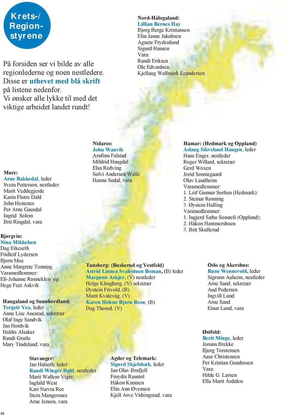 Nord-Hålogaland: Lillian Bernes Hay Bjørg Berge Kristiansen Elin Janne Jakobsen Agnete Frydenlund Sigurd Hansen Vara: Randi Eriksen Ole Edvardsen Kjellaug Wallmark Leandersen Møre: Arne Bakkedal,