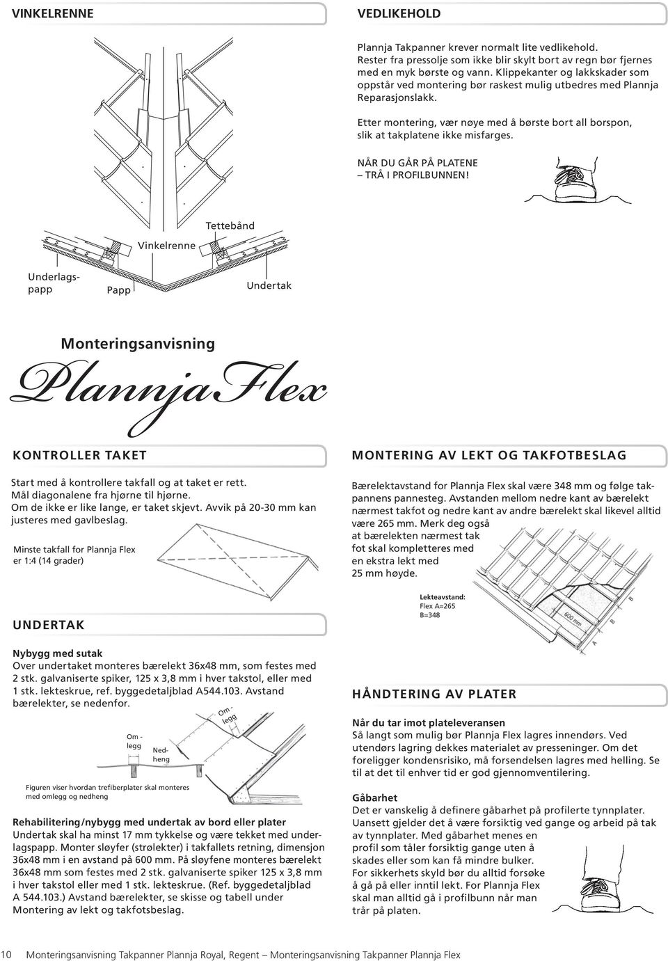 NÅR DU GÅR PÅ PLATENE TRÅ I PROFILBUNNEN! Tettebånd Vinkelrenne Underlagspapp Papp Undertak PlannjaFlex Monteringsanvisning KONTROLLER TAKET Start med å kontrollere takfall og at taket er rett.