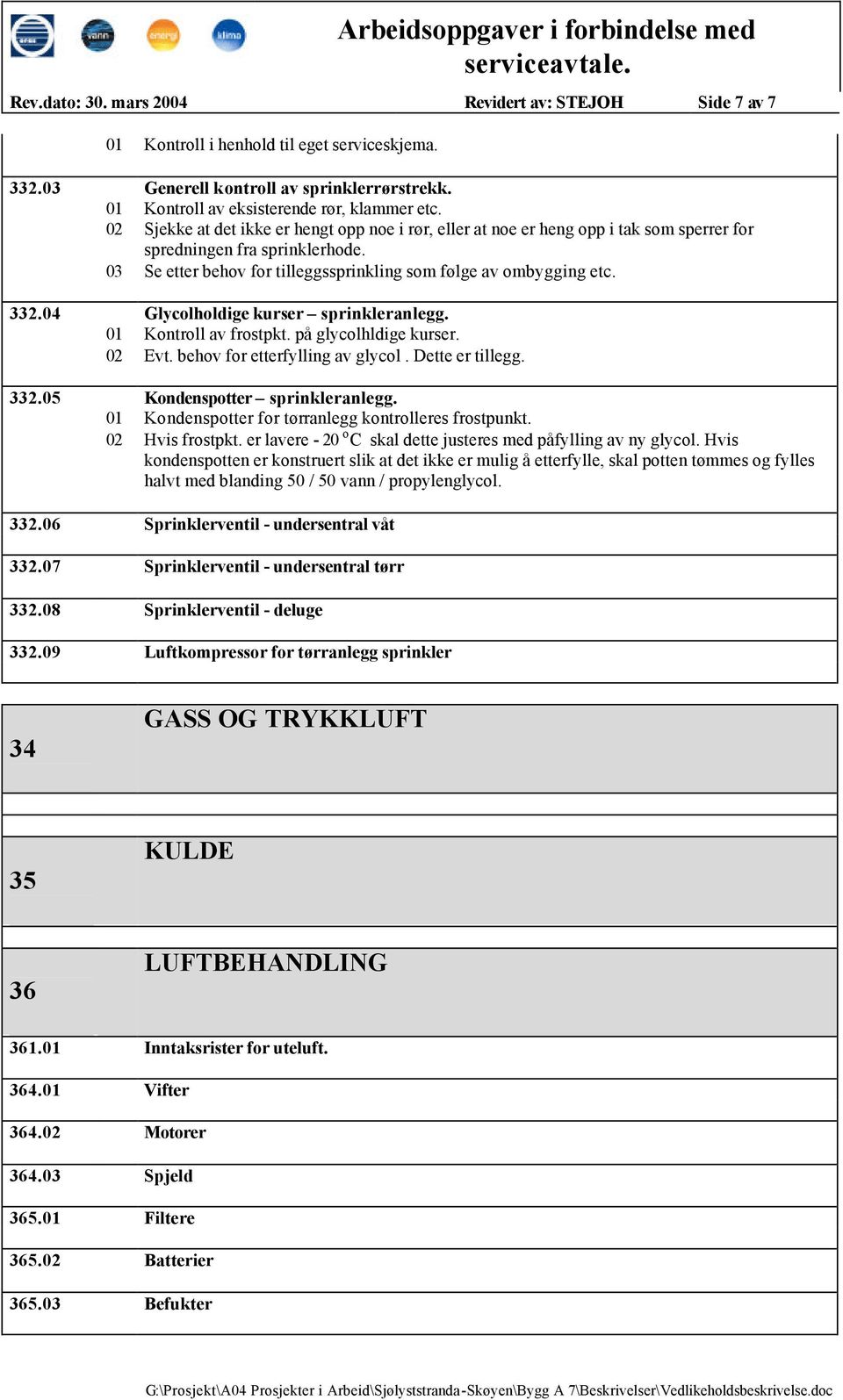 Glycolholdige kurser sprinkleranlegg. Kontroll av frostpkt. på glycolhldige kurser. Evt. behov for etterfylling av glycol. Dette er tillegg. 332. Kondenspotter sprinkleranlegg.