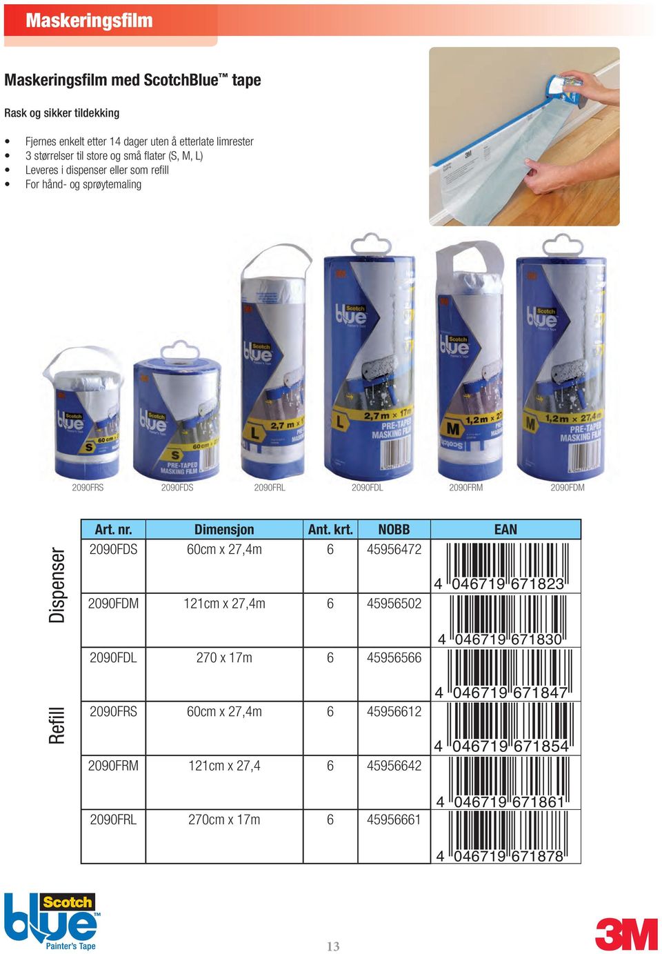 Dispenser 2090FDS 60cm x 27,4m 6 45956472 2090FDM 121cm x 27,4m 6 45956502 2090FDL 270 x 17m 6 45956566 4 046719 671823 4 046719 671830 Refill