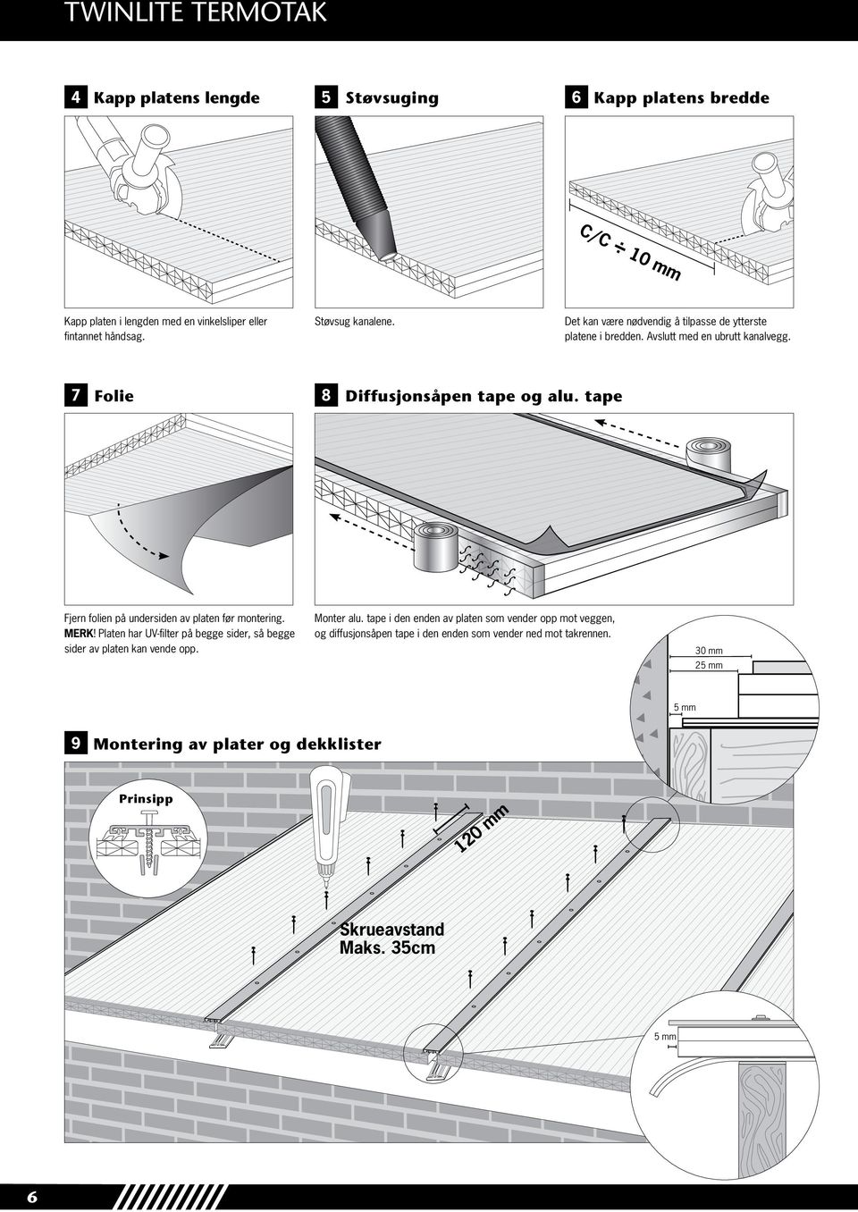 tape Fjern folien på undersiden av platen før montering. MERK! Platen har UV-filter på begge sider, så begge sider av platen kan vende opp. Monter alu.