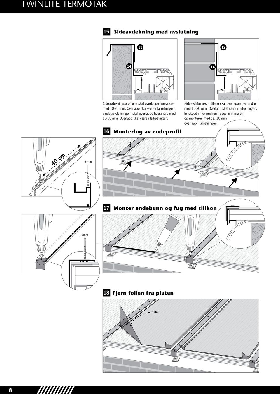16 Montering av endeprofil Sideavdekningsprofilene skal overlappe hverandre med 10-20 mm. Overlapp skal være i fallretningen.