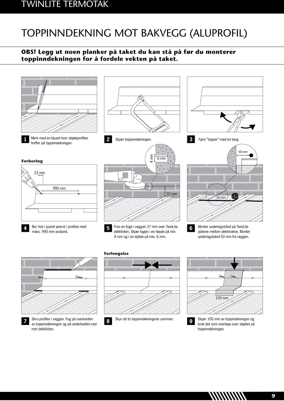 50 mm Forboring 4 mm 6 mm 23 mm 990 mm 37 mm 50 mm Bor hull i sporet øverst i profilen med maks. 990 mm avstand. Fres en fuge i veggen 37 mm over TwinLite dekklisten. Skjær fugen i en høyde på min.