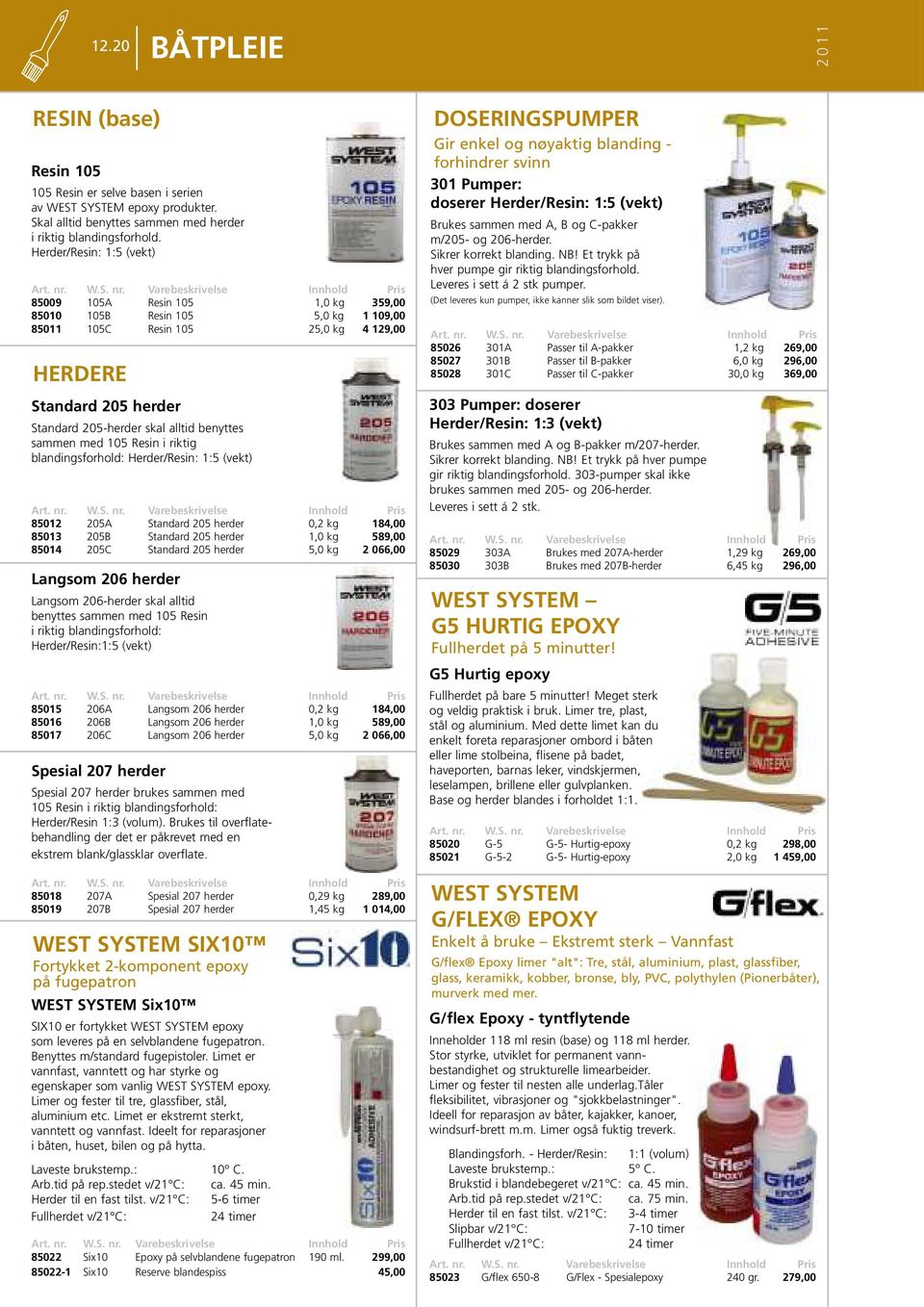 benyttes sammen med 105 Resin i riktig blandingsforhold: Herder/Resin: 1:5 (vekt) 85012 205A Standard 205 herder 0,2 kg 184,00 85013 205B Standard 205 herder 1,0 kg 589,00 85014 205C Standard 205