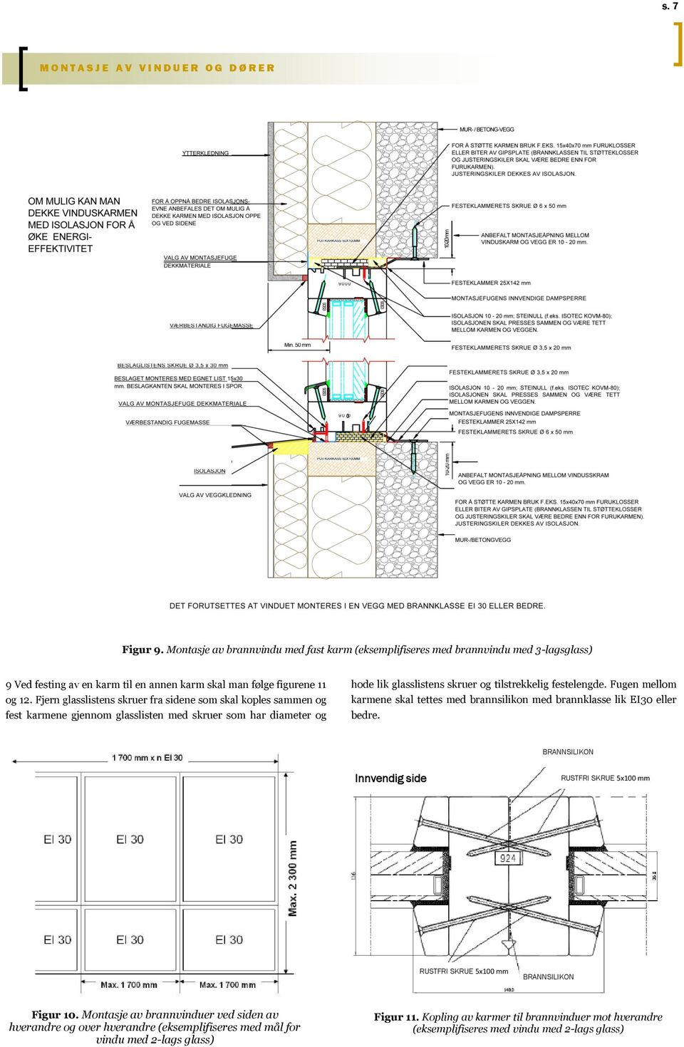 Fugen mellom karmene skal tettes med brannsilikon med brannklasse lik EI30 eller bedre. BRANNSILIKON Innvendig side RUSTFRI SKRUE 5x100 mm RUSTFRI SKRUE 5x100 mm BRANNSILIKON Figur 10.
