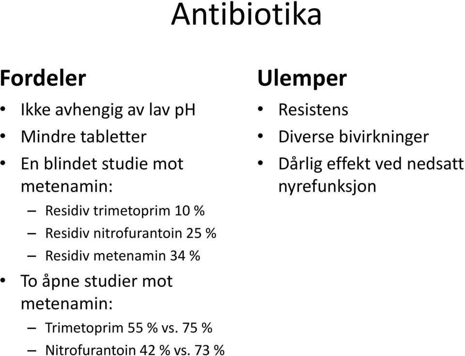 34 % To åpne studier mot metenamin: Trimetoprim 55 % vs.