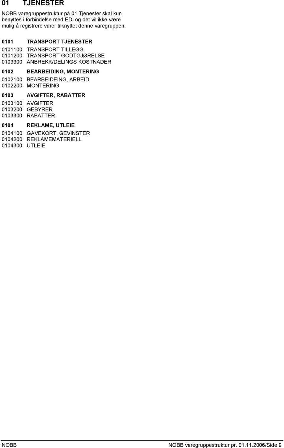 0101 TRANSPORT TJENESTER 0101100 TRANSPORT TILLEGG 0101200 TRANSPORT GODTGJØRELSE 0103300 ANBREKK/DELINGS KOSTNADER 0102 BEARBEIDING, MONTERING