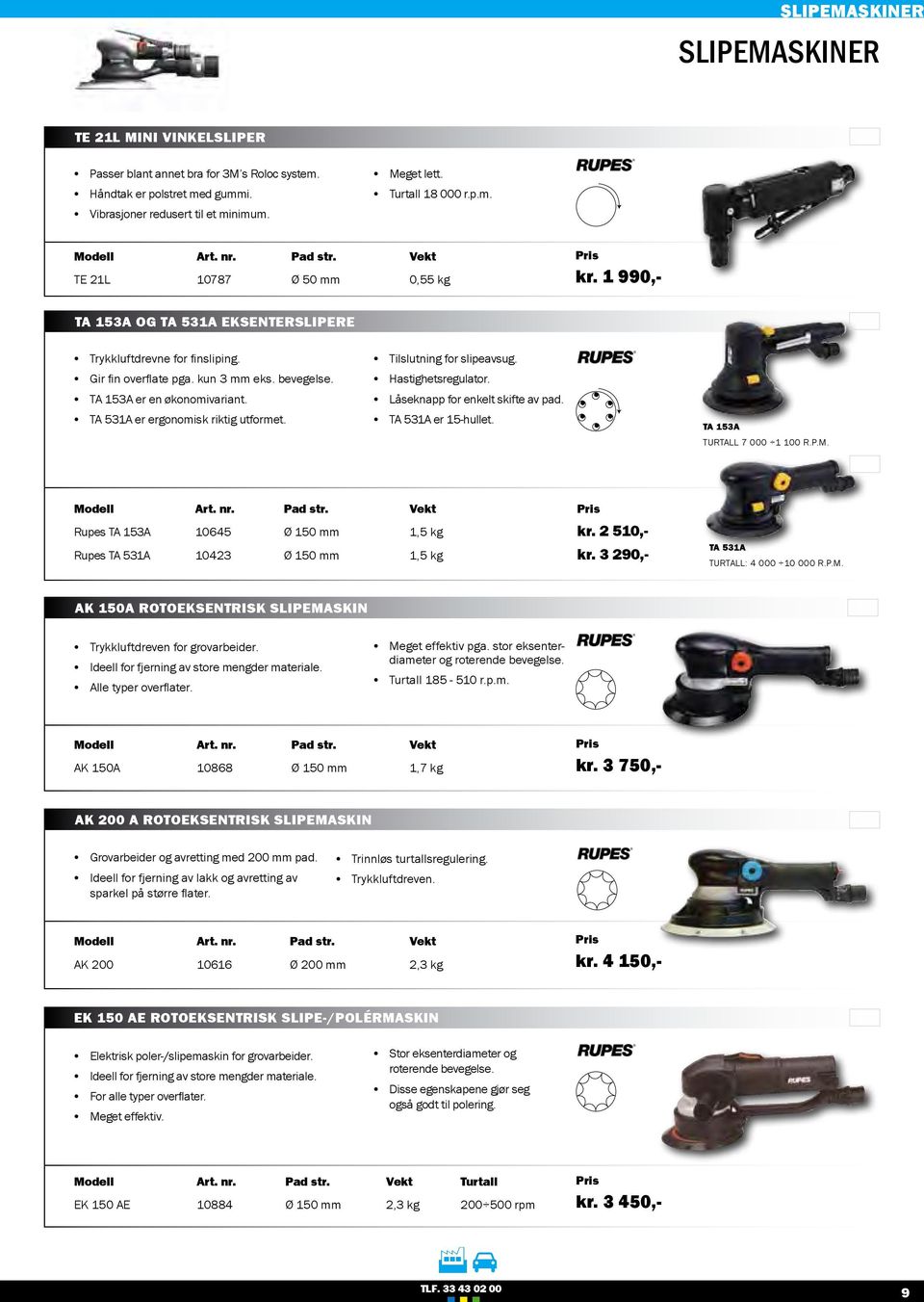 TA 531A er ergonomisk riktig utformet. Tilslutning for slipeavsug. Hastighetsregulator. Låseknapp for enkelt skifte av pad. TA 531A er 15-hullet. TA 153A TURTALL 7 000 1 100 R.P.M. pad str.