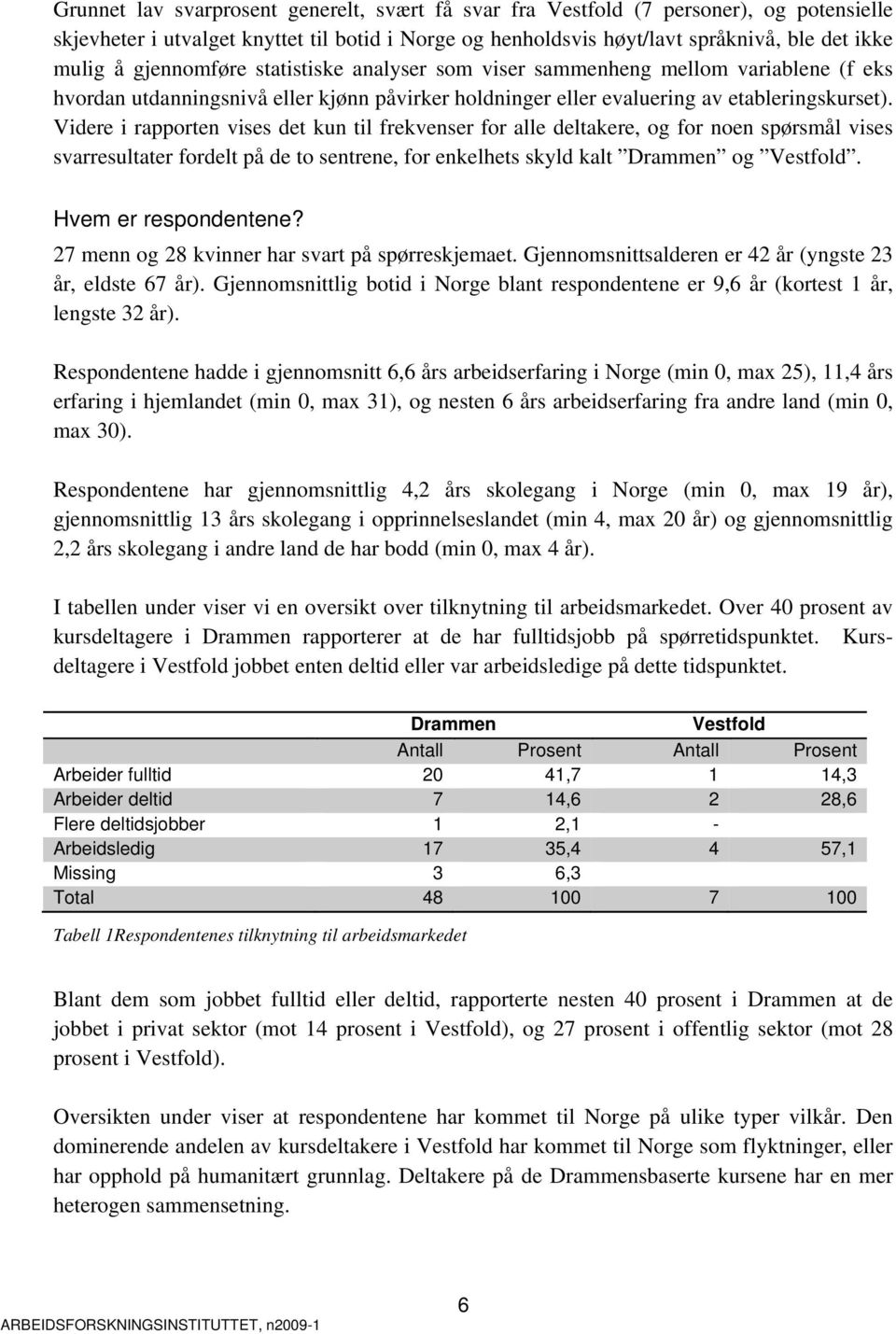 Videre i rapporten vises det kun til frekvenser for alle deltakere, og for noen spørsmål vises svarresultater fordelt på de to sentrene, for enkelhets skyld kalt Drammen og Vestfold.