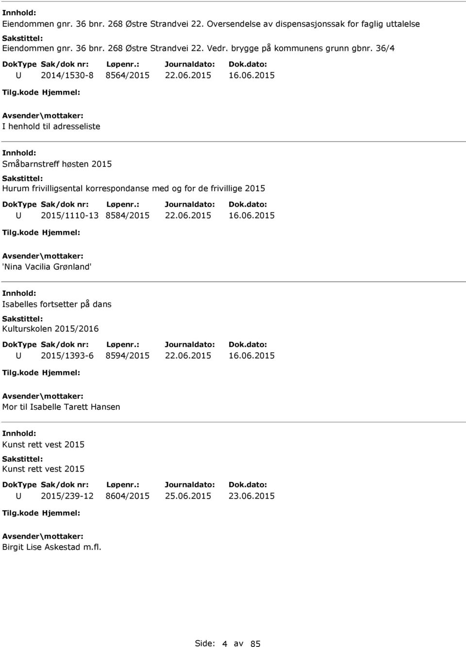 2015 henhold til adresseliste Småbarnstreff høsten 2015 Hurum frivilligsental korrespondanse med og for de frivillige 2015 2015/1110-13 8584/2015 16.06.