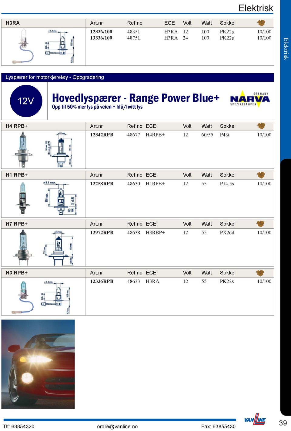Oppgradering 12V Hovedlyspærer - Range Power Blue+ Opp til 50% mer lys på veien + blå/hvitt lys H4 RPB+ Ref.