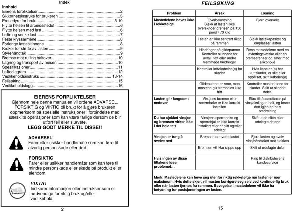 ..11 Løftediagram...12 Vedlikeholdsinstruks... 13-14 Feilsøking...15 Vedlikeholdslogg.