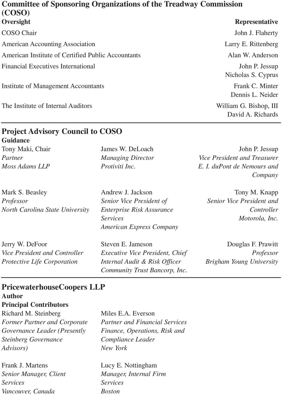 Minter Dennis L. Neider The Institute of Internal Auditors William G. Bishop, III David A. Richards Project Advisory Council to COSO Guidance Tony Maki, Chair James W. DeLoach John P.