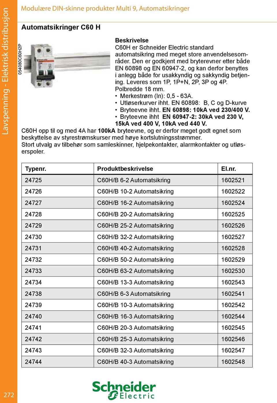 Merkestrøm (In): 0,5-63A. Utløserkurver ihht. EN 60898: B, C og D-kurve Bryteevne ihht. EN 60898: 10kA ved 230/400 V. Bryteevne ihht EN 60947-2: 30kA ved 230 V, 15kA ved 400 V, 10kA ved 440 V.
