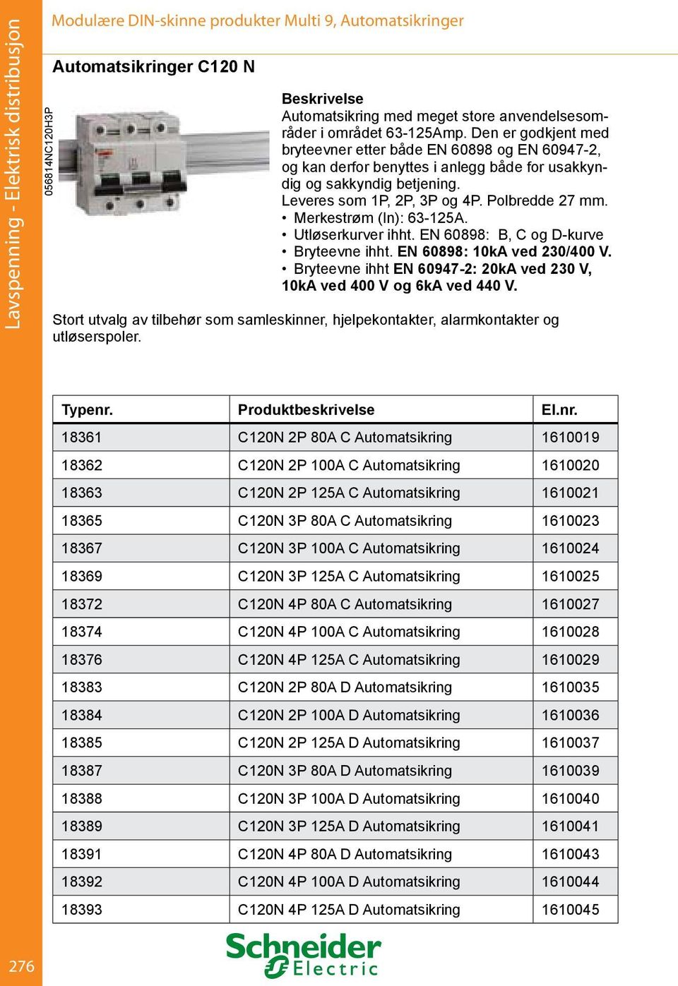 Polbredde 27 mm. Merkestrøm (In): 63-125A. Utløserkurver ihht. EN 60898: B, C og D-kurve Bryteevne ihht. EN 60898: 10kA ved 230/400 V.