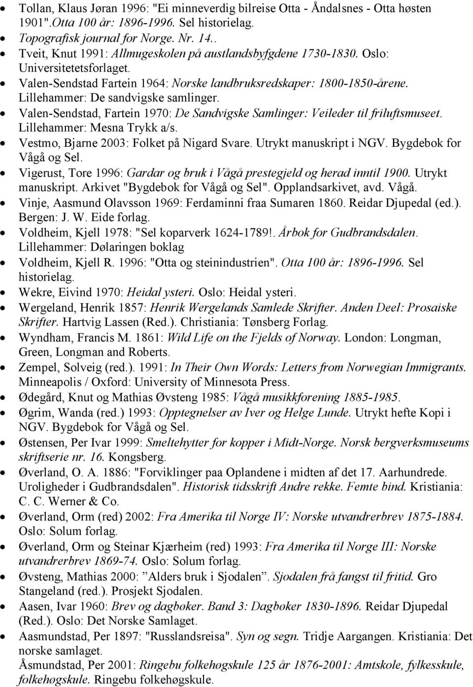 Valen-Sendstad, Fartein 1970: De Sandvigske Samlinger: Veileder til friluftsmuseet. Lillehammer: Mesna Trykk a/s. Vestmo, Bjarne 2003: Folket på Nigard Svare. Utrykt manuskript i NGV.