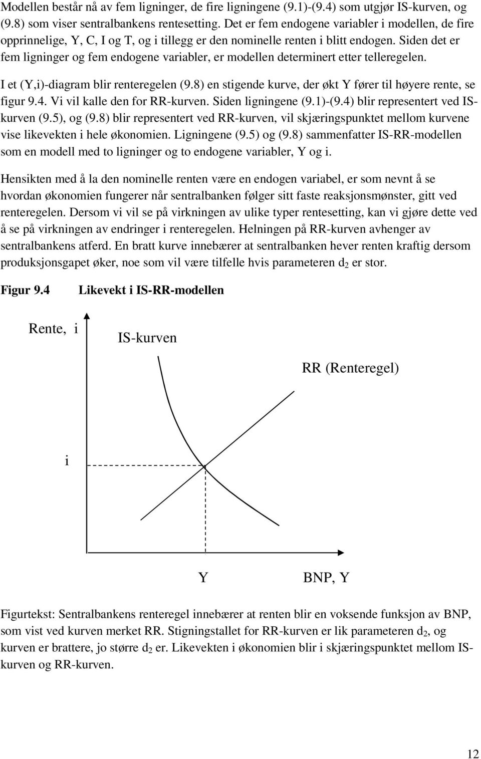 Siden det er fem ligninger og fem endogene variabler, er modellen determinert etter telleregelen. I et (Y,i)-diagram blir renteregelen (9.