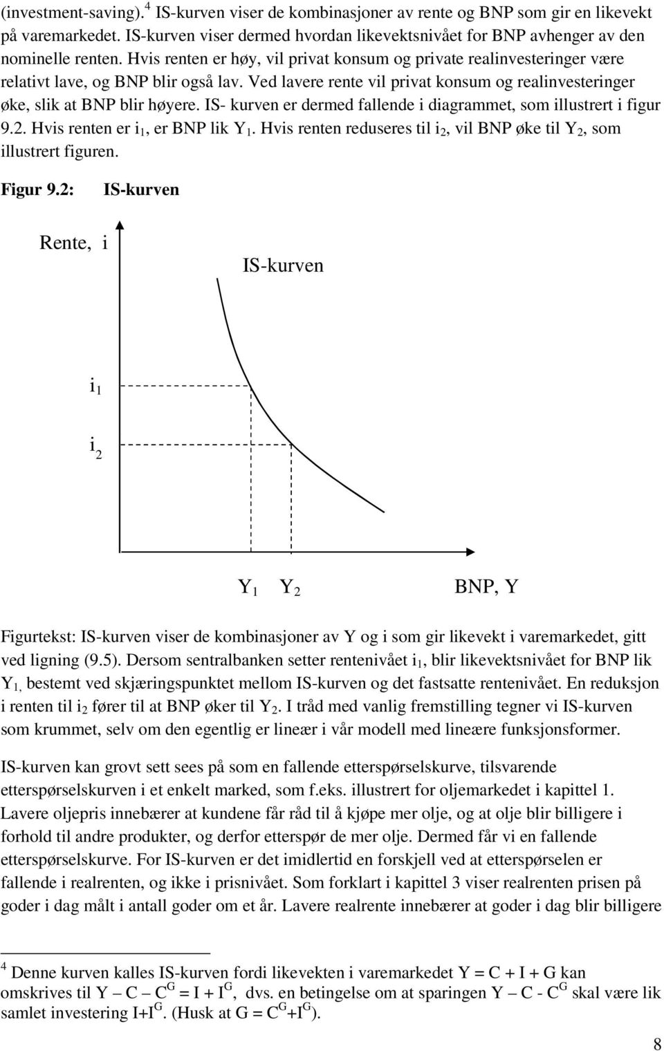 IS- kurven er dermed fallende i diagrammet, som illustrert i figur 9.2. Hvis renten er i 1, er BNP lik Y 1. Hvis renten reduseres til i 2, vil BNP øke til Y 2, som illustrert figuren. Figur 9.