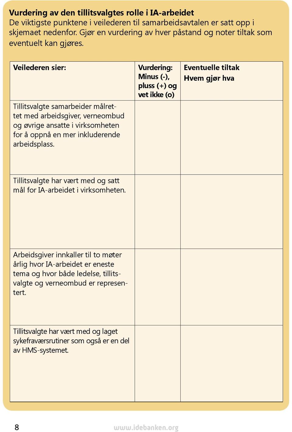 Veilederen sier: Tillitsvalgte samarbeider målrettet med arbeidsgiver, verneombud og øvrige ansatte i virksomheten for å oppnå en mer inkluderende arbeidsplass.