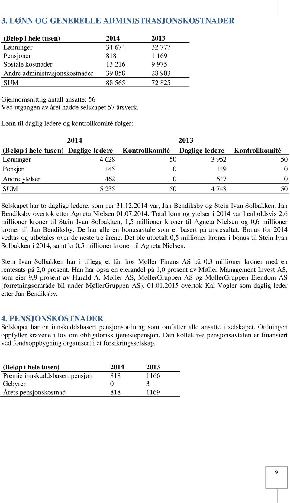 Lønn til daglig ledere og kontrollkomité følger: 2014 2013 (Beløp i hele tusen) Daglige ledere Kontrollkomitè Daglige ledere Kontrollkomitè Lønninger 4 628 50 3 952 50 Pensjon 145 0 149 0 Andre